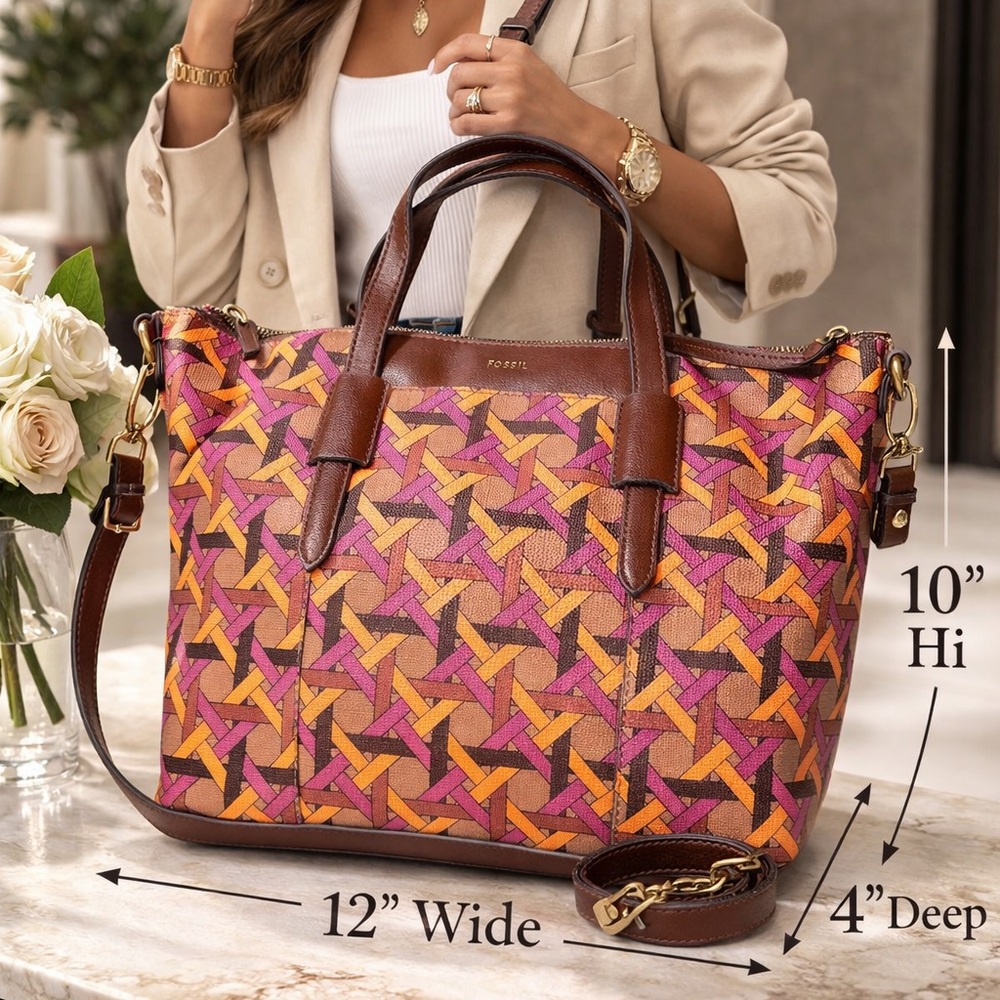 Fossil Women's Skylar Satchel Pink Striped with Geometric Design. New! Last one!